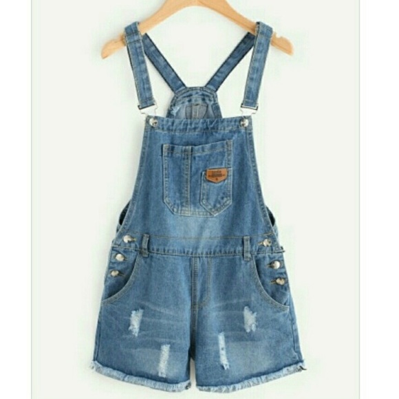 SHEIN Denim - Distressed Denim Short Overalls (Price firm)